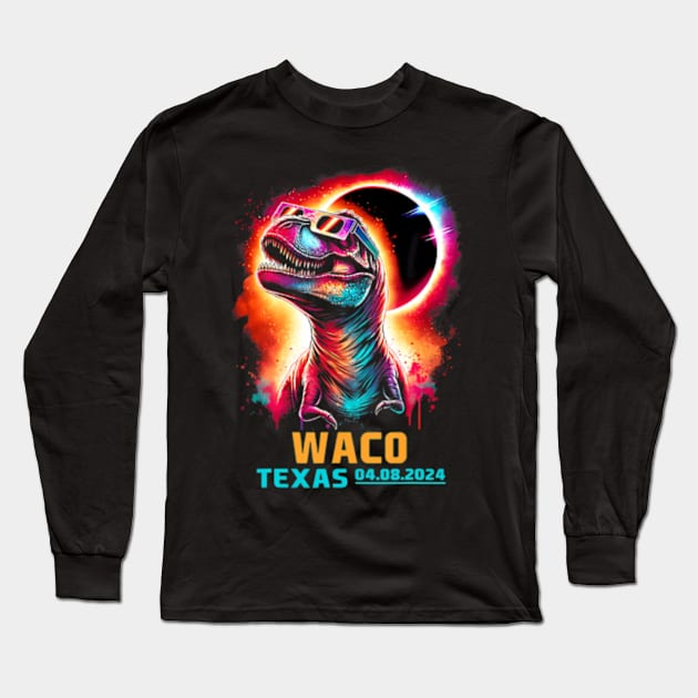 Waco Texas Total Solar Eclipse 2024 T Rex Dinosaur Long Sleeve T-Shirt by SanJKaka